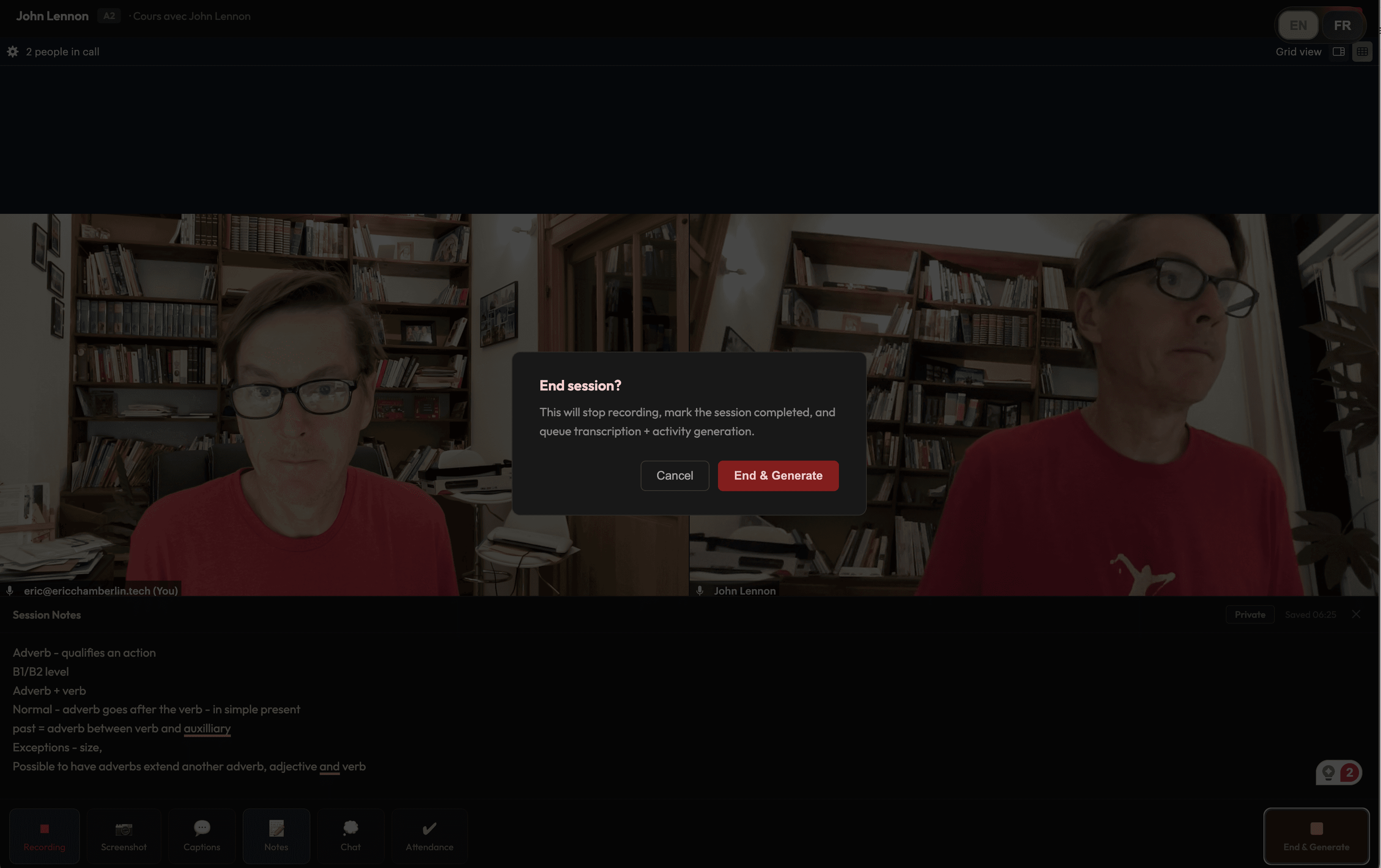 AfterClass end-of-lesson and follow-up screen